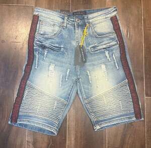 M Society Distressed Ice Blue Side Stripe Biker Moto Skinny Fit Denim Shorts